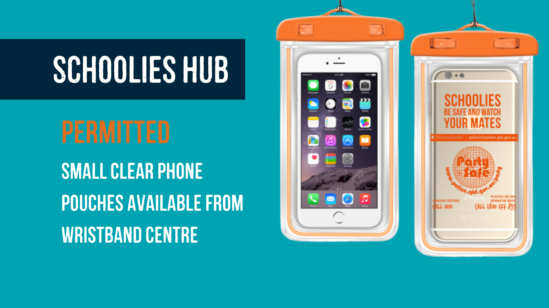 Image showing the small, clear phone pouches that are permitted in the Beach Hub, which can be collected from the wristband centre.