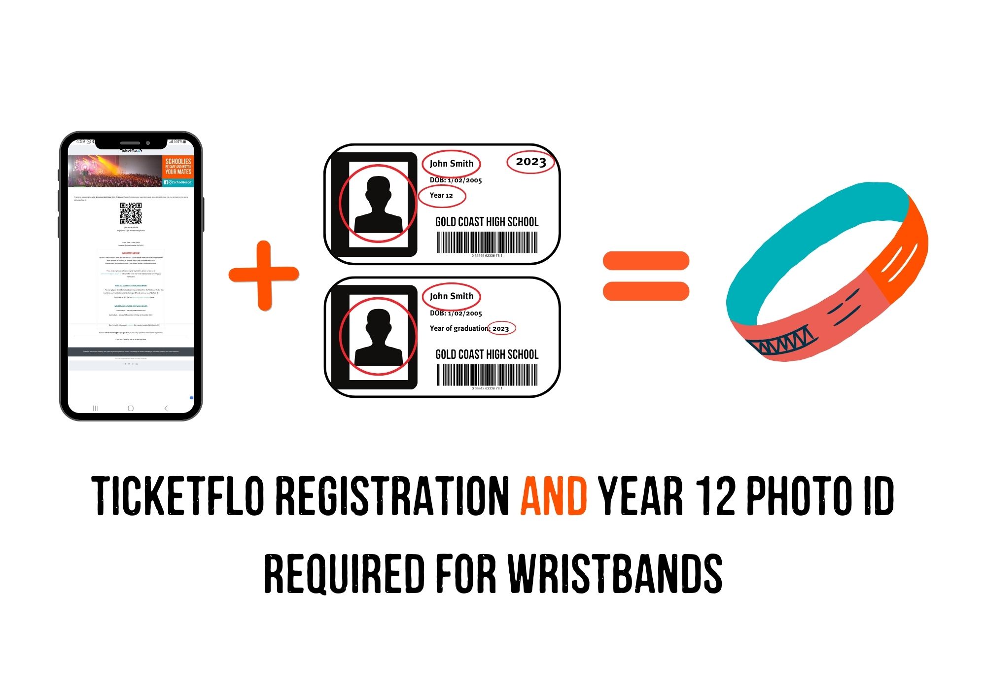 Image showing what you need to bring to collect your Safer Schoolies wristband. You will need your Ticketflow registration email with QR code, which you can show on your phone. You will also need to bring year 12 photo ID. Your ID must show your name, graduating year, and photo. Without both, you will not be able to be issued a wristband.